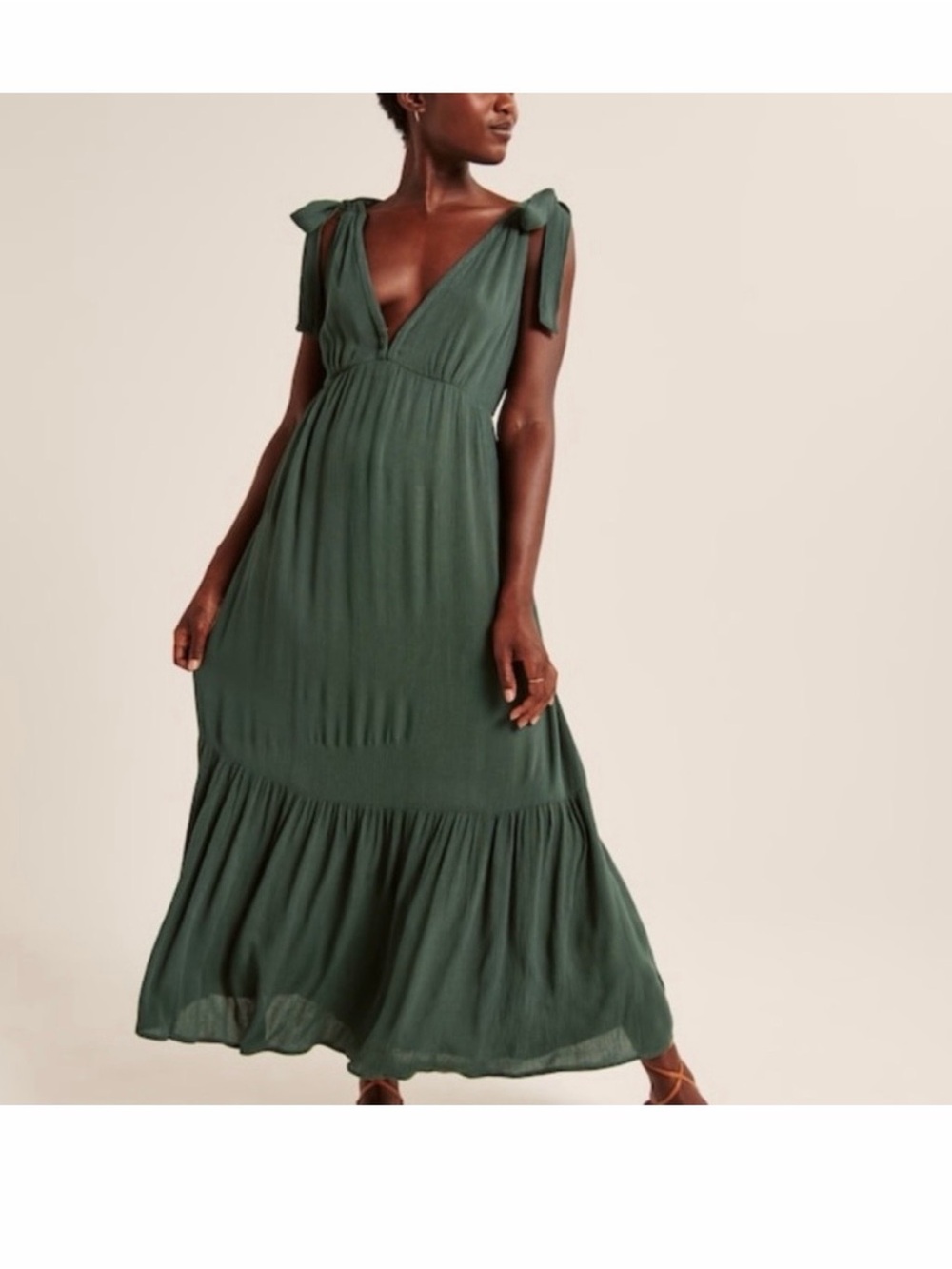 Abercrombie & Fitch Olive Green Tie-Shoulder V-Neck Maxi Dress